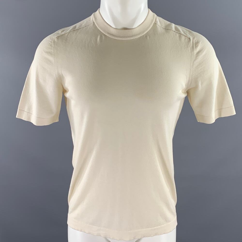 BOGLIOLI Size S Cream Solid Cotton Blend Ribbed Collar T-shirt